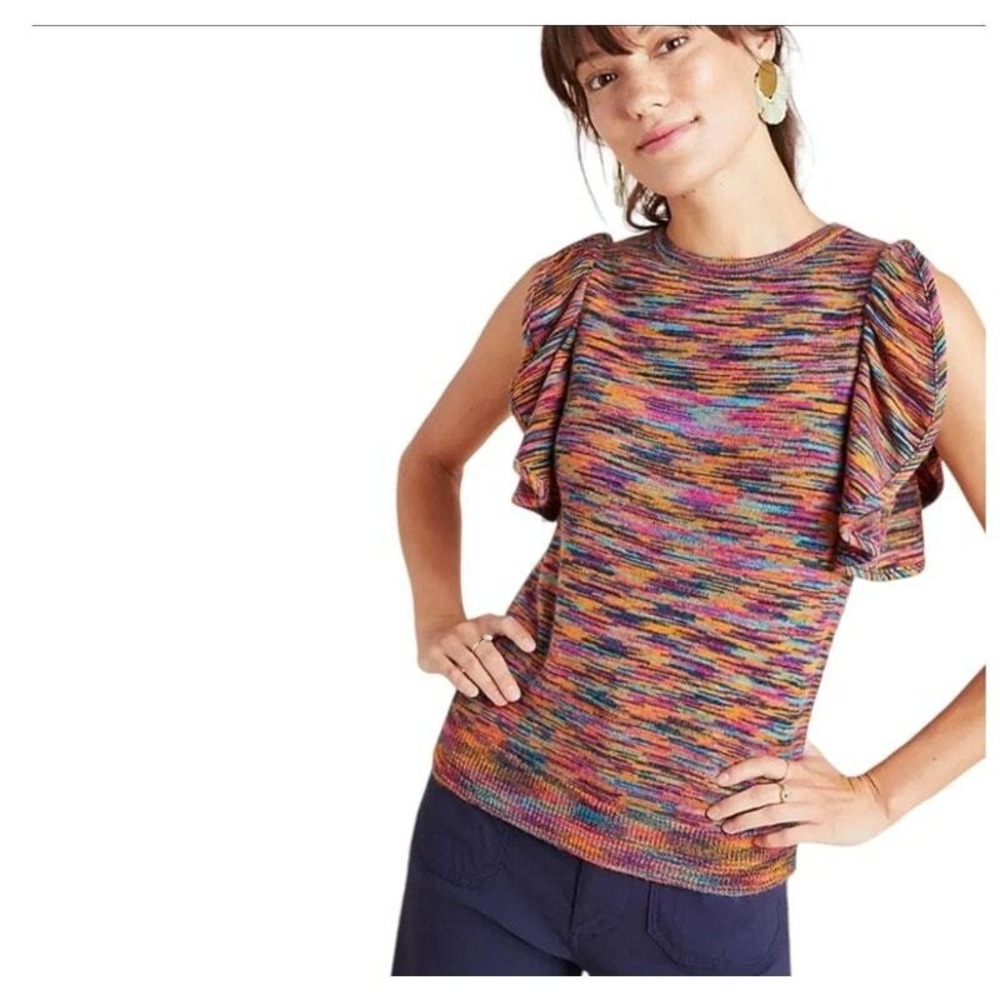 Anthropologie Women Ruby Flutter Sleeves Top Knit Sweater Vest Top SZ M